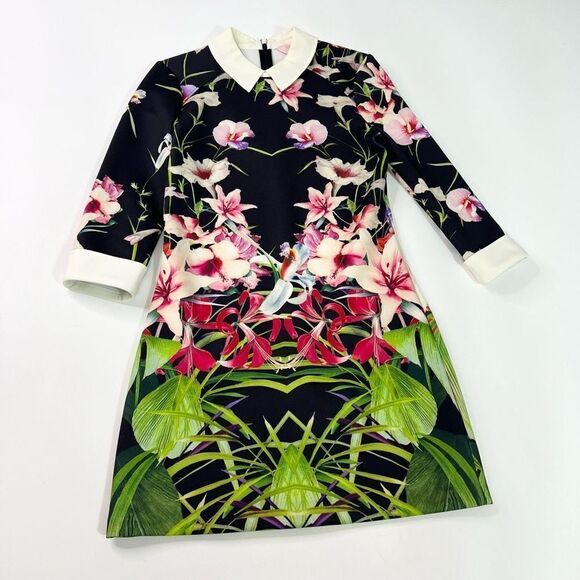 Ted Baker Youma Dress Womens XS 1 Multicolor Mirrored Tropics Print Collar Mini